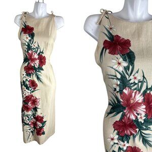 Vtg 90s Young Hawaii Beige Pink Floral Hibiscus Sleeveless Dress Size Small